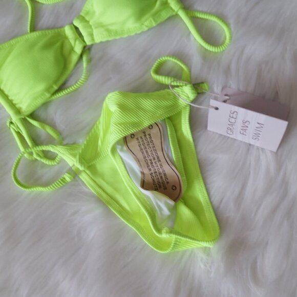 NEW Bright Neon Green Sexy Tiny Ribbed Bikini Swim Set Size Large - Picture 6 of 9